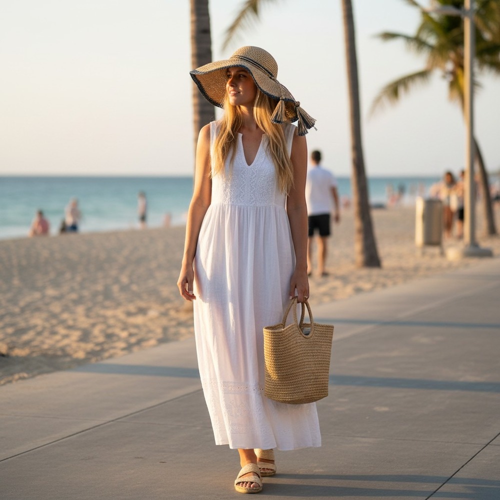 Tommy Bahama‎ Women Raffia Straw Wide Brim Sun Hat Navy Blue Trim Tassels Tan